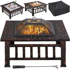 34in Fire Pit Table Outdoor Fire Pits Square Steel Stove with Mesh Screen, Waterproof Cover & Poker for Outside Patio Bonfire Camping (Copper)