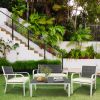 4 Pieces Patio Garden Sofa Conversation Set Wood Grain Design PE Steel Frame Loveseat All Weather Outdoor Furniture Set with Cushions Coffee Table for