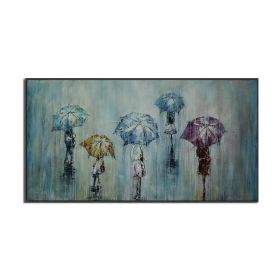 People Walking In The Rain With Umbrella Painting 100% Hand Painted Oil Painting On Canvas Decorative Blue Wall Art For House (size: 50x100cm)