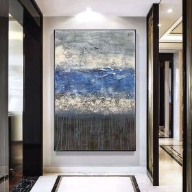 Top Selling Handmade Abstract Oil Painting Wall Art Modern Minimalist Blue Picture Canvas Home Decor For Living Room Bedroom No Frame (size: 75x150cm)