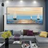 Handmade Serene Seascape A Light Blue Oil Painting of a Sailboat on the Ocean Living Room hallway bedroom luxurious decorative painting