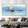 Handmade Serene Seascape A Light Blue Oil Painting of a Sailboat on the Ocean Living Room hallway bedroom luxurious decorative painting