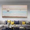 Handmade Serene Seascape A Light Blue Oil Painting of a Sailboat on the Ocean Living Room hallway bedroom luxurious decorative painting